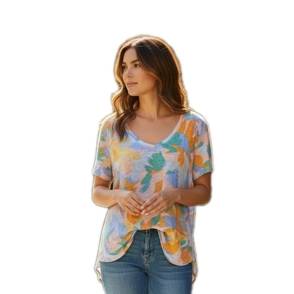 JOIE 100% Linen Slub Knit Draped Tropical Boho Chic Resortwear Coastal Top SZ 1X